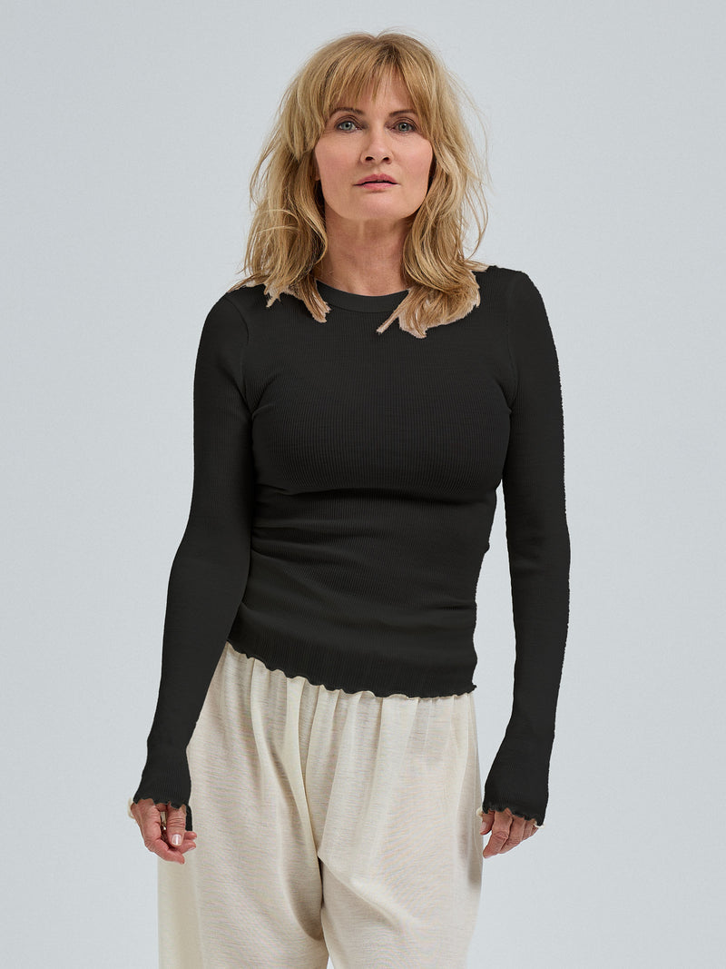 Seamless Basic Wooly Long Sleeve | Wool Silk Blouse Black