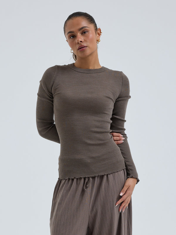 Seamless Basic Wooly Long Sleeve | Wool Silk Blouse Fungi