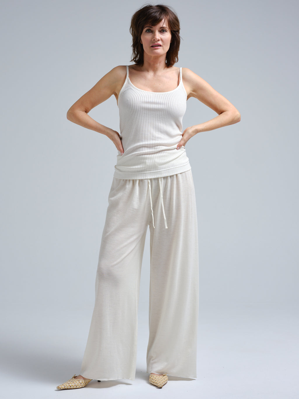 Wide Leg Pants Set Off White Satin (Shirt + Pants) | Leiva | SilkFred US